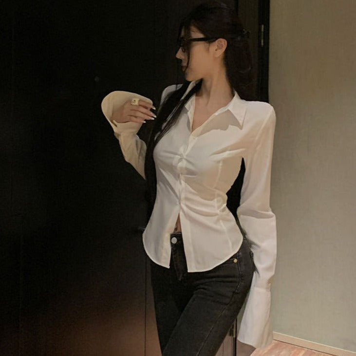 Slim Waist Chiffon Flared Shirt-Kawaii Dream