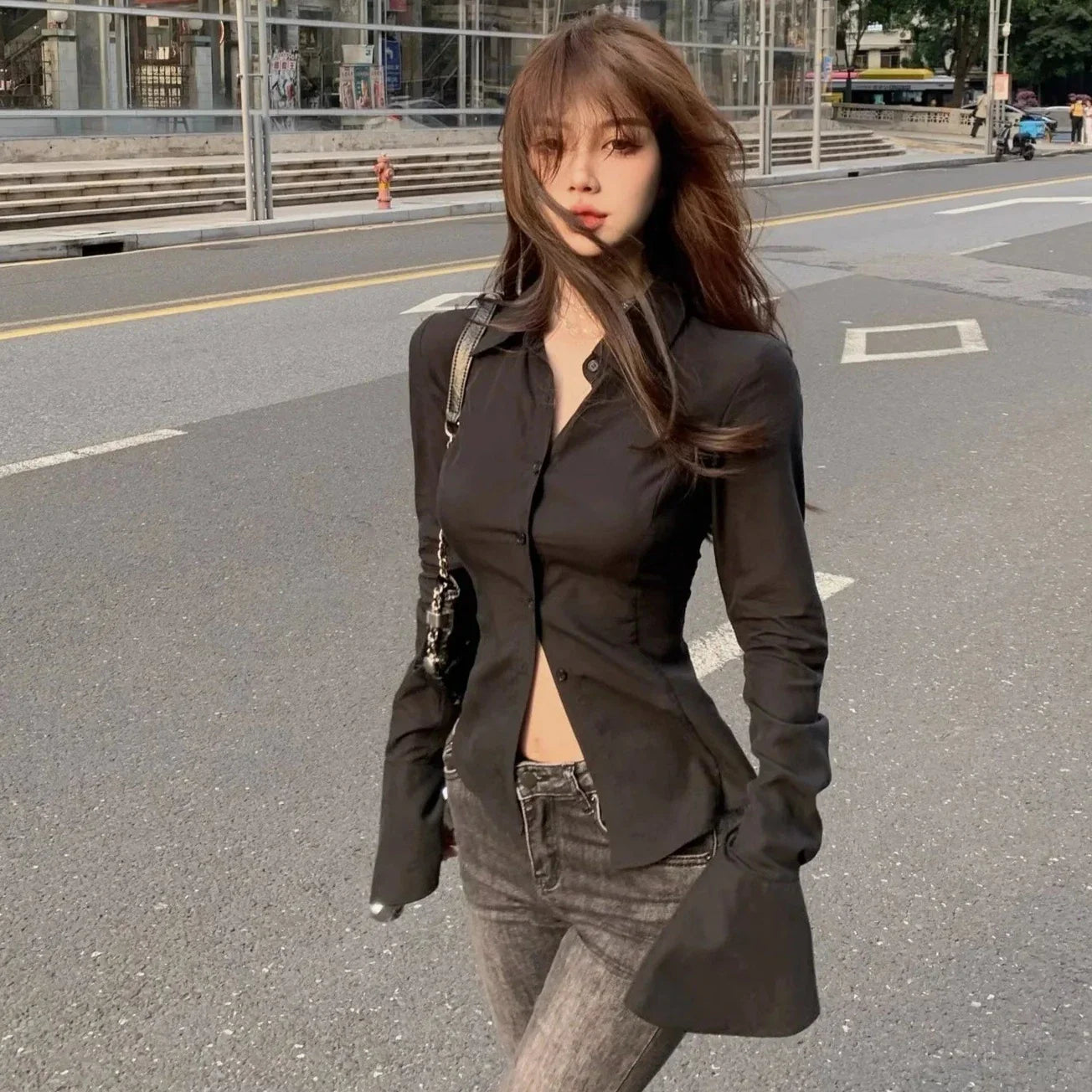 Slim Waist Chiffon Flared Shirt-Kawaii Dream