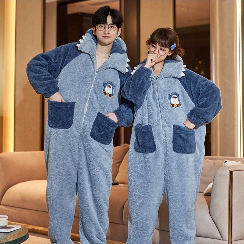 Soft Blue Shark Fluffy Pyjama 1-Piece Set-Kawaii Dream