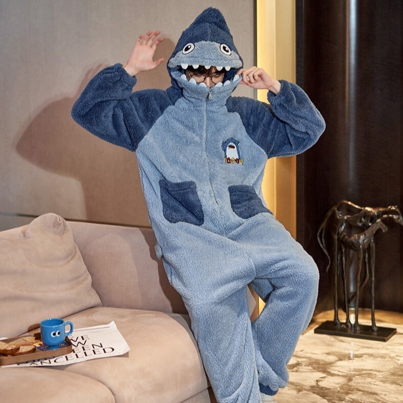 Soft Blue Shark Fluffy Pyjama 1-Piece Set-Kawaii Dream
