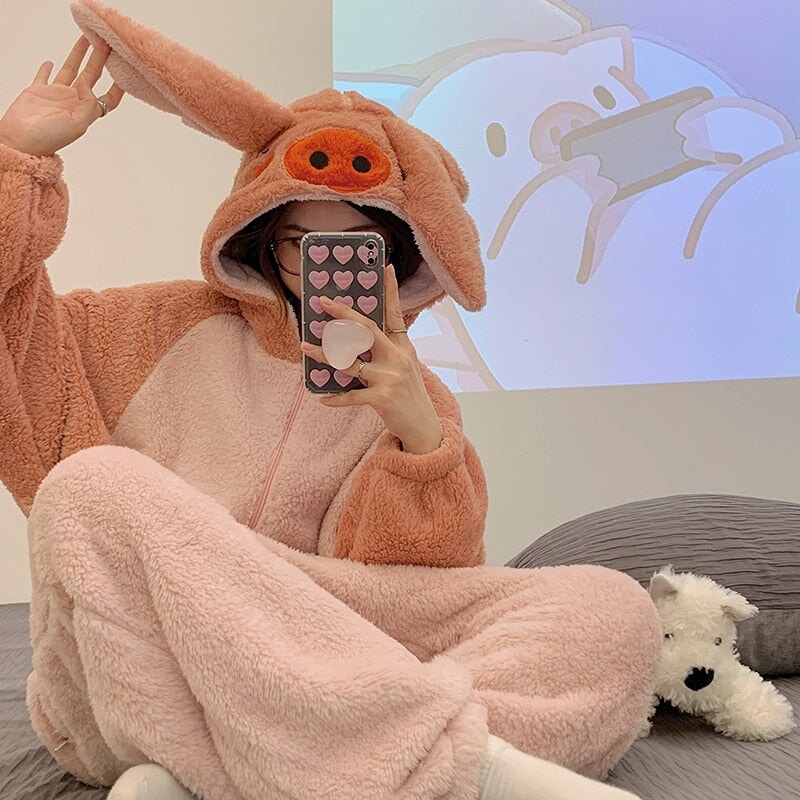 Soft Pig Fluffy Pyjama 1-Piece Set-Kawaii Dream