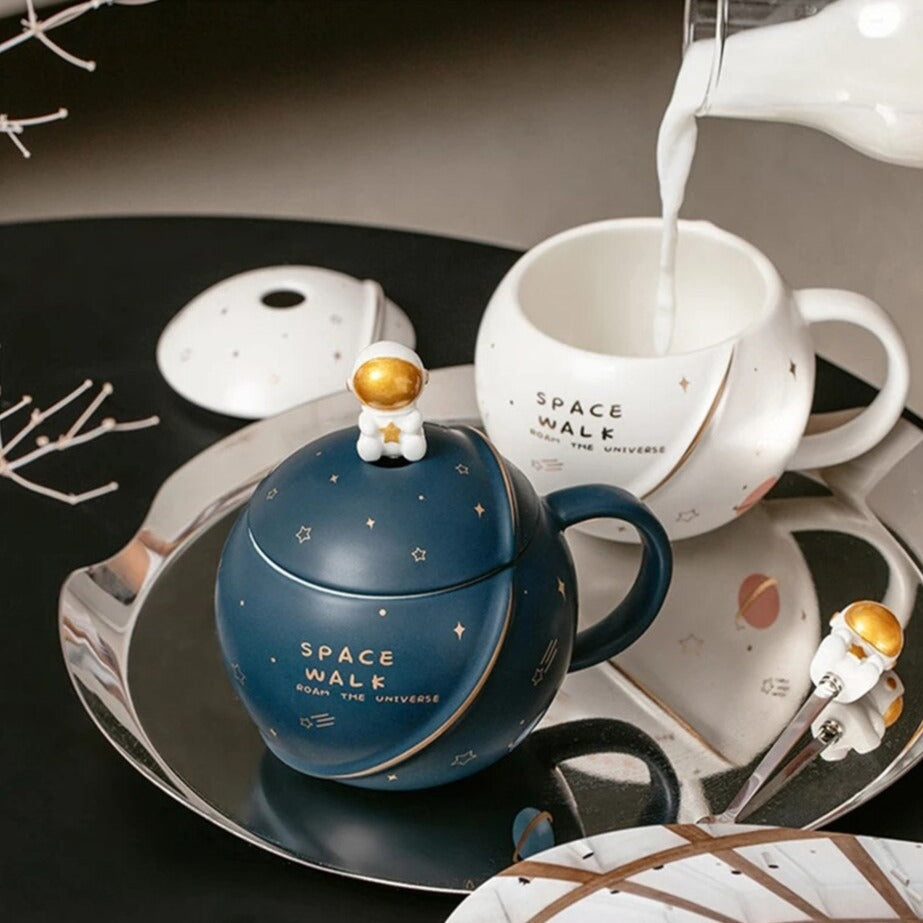 Space Astronaut Planet Ceramic Mug With Lid and Spoon-Kawaii Dream
