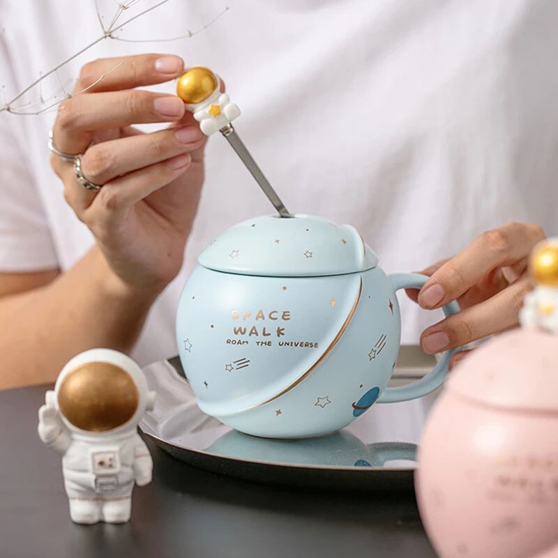 Space Astronaut Planet Ceramic Mug With Lid and Spoon-Kawaii Dream