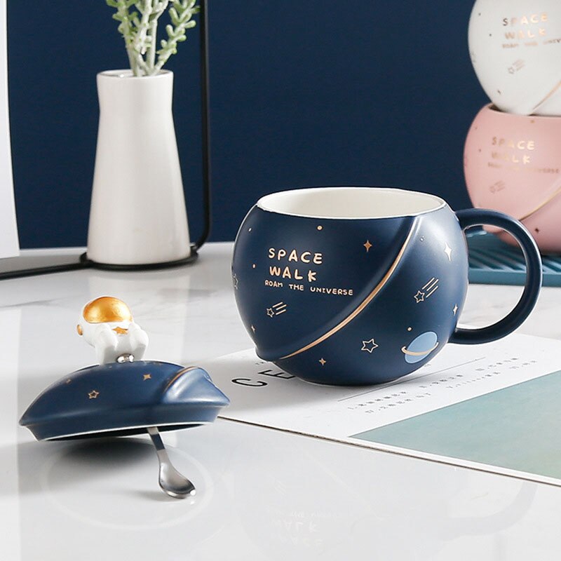 Space Astronaut Planet Ceramic Mug With Lid and Spoon-Kawaii Dream