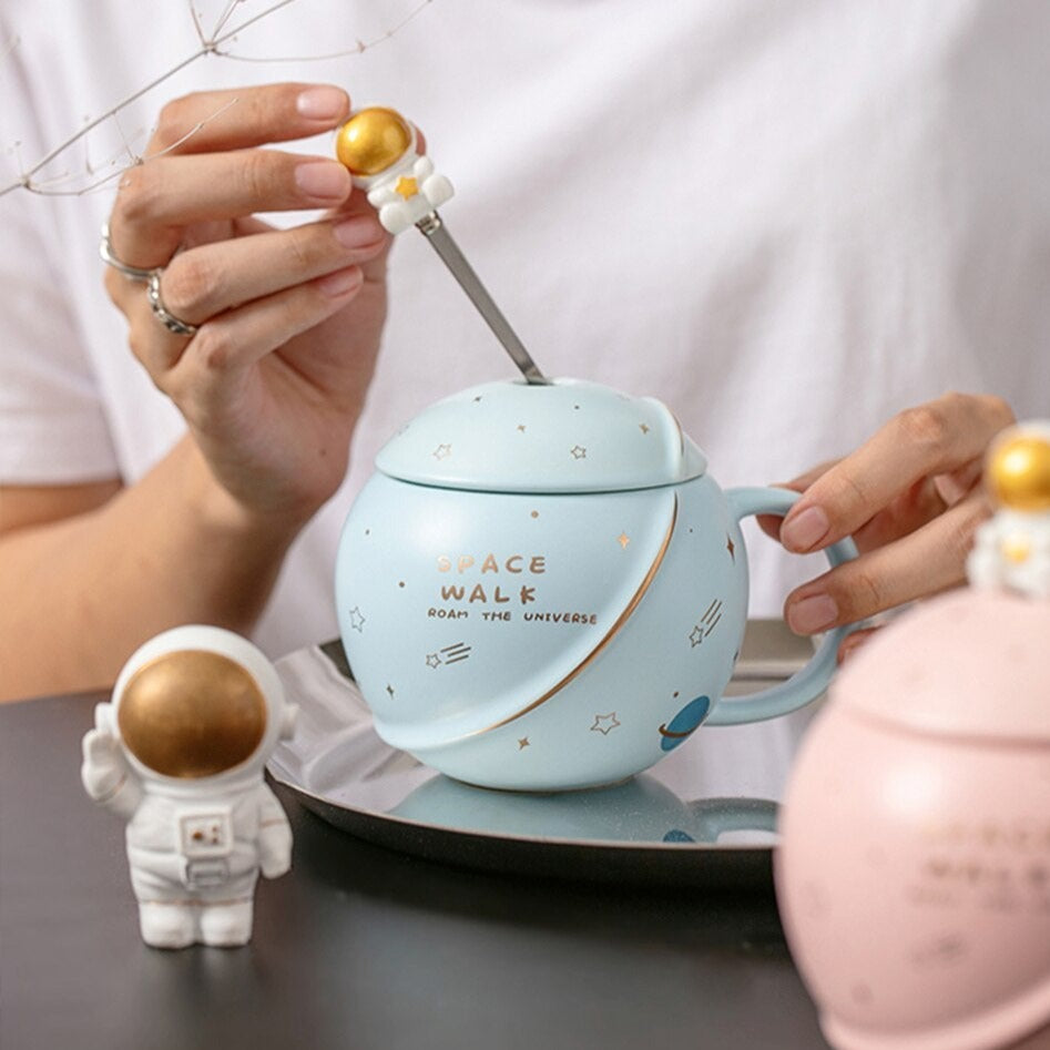 Space Astronaut Planet Ceramic Mug With Lid and Spoon-Kawaii Dream