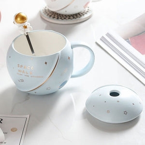 Space Astronaut Planet Ceramic Mug With Lid and Spoon-Kawaii Dream