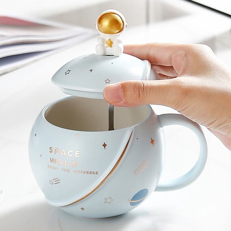 Space Astronaut Planet Ceramic Mug With Lid and Spoon-Kawaii Dream