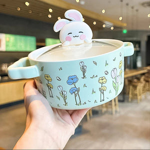 Spring Bunny Jumbo Ceramic Ramen Bowl With Lid-Kawaii Dream
