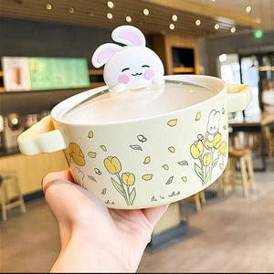 Spring Bunny Jumbo Ceramic Ramen Bowl With Lid-Kawaii Dream