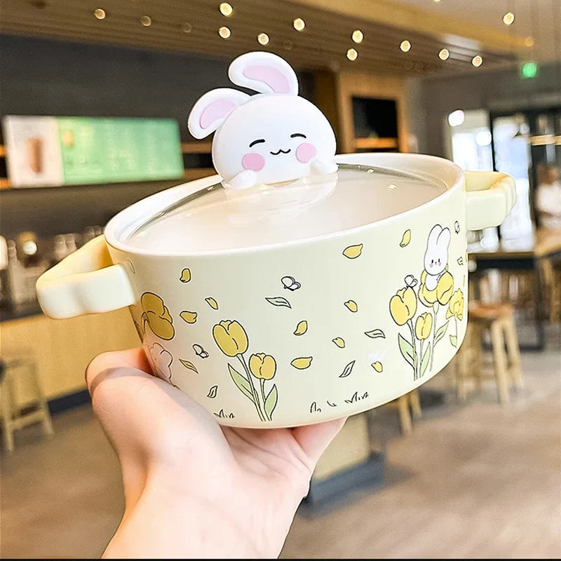 Spring Bunny Jumbo Ceramic Ramen Bowl With Lid-Kawaii Dream