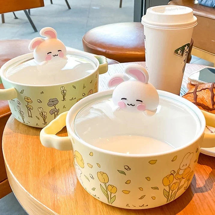 Spring Bunny Jumbo Ceramic Ramen Bowl With Lid-Kawaii Dream