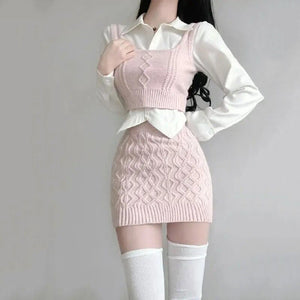 Spring Pink Elegant Knitted Tank and Skirt Three-piece Set-Kawaii Dream