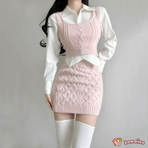 Spring Pink Elegant Knitted Tank and Skirt Three-piece Set-Kawaii Dream