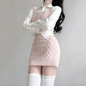 Spring Pink Elegant Knitted Tank and Skirt Three-piece Set-Kawaii Dream