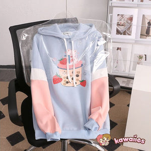 Strawberry Shake Bubble Tea White Cream Fleece Hoodies-Kawaii Dream
