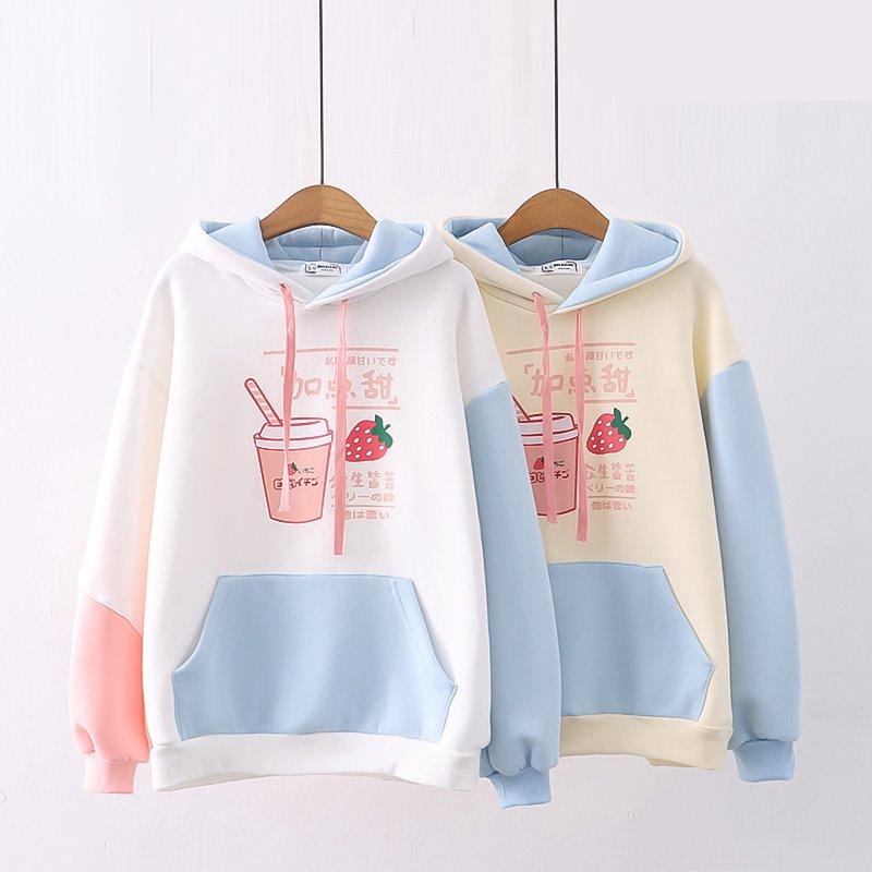 Strawberry Shake Bubble Tea White Cream Fleece Hoodies-Kawaii Dream
