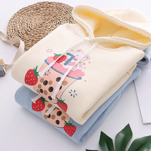 Strawberry Shake Bubble Tea White Cream Fleece Hoodies-Kawaii Dream