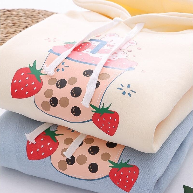 Strawberry Shake Bubble Tea White Cream Fleece Hoodies-Kawaii Dream