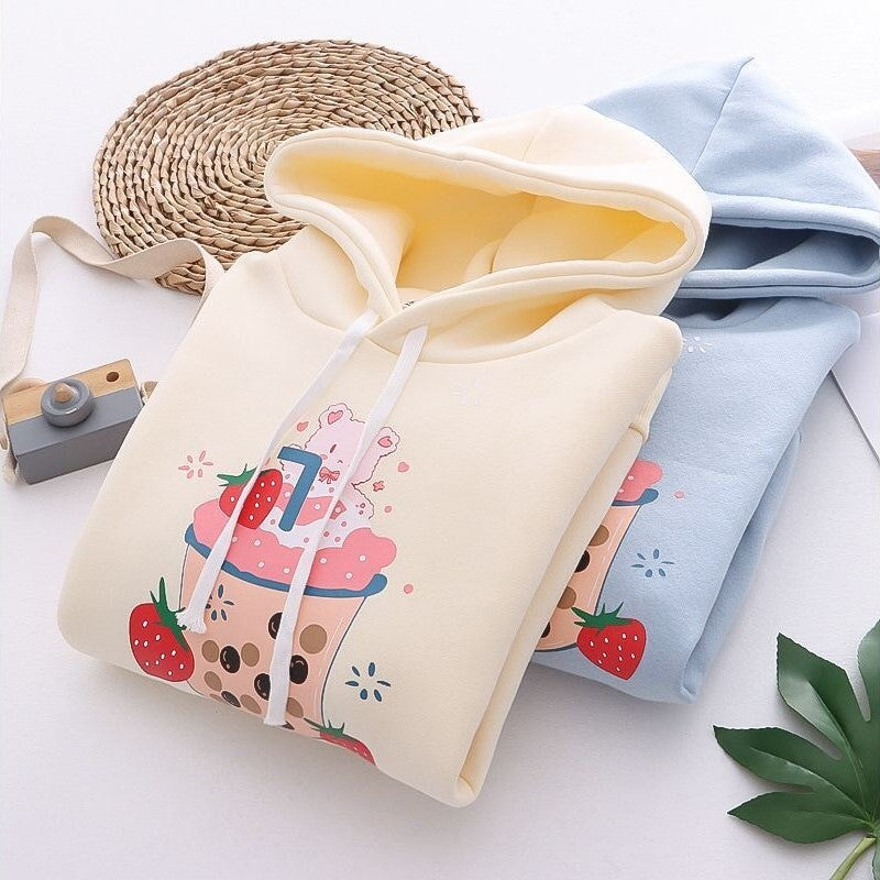 Strawberry Shake Bubble Tea White Cream Fleece Hoodies-Kawaii Dream