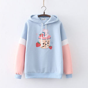 Strawberry Shake Bubble Tea White Cream Fleece Hoodies-Kawaii Dream