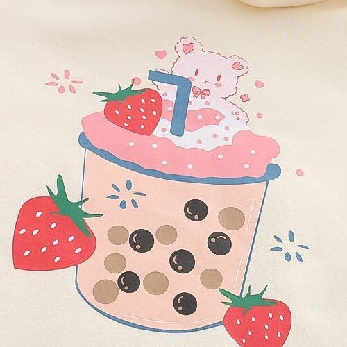 Strawberry Shake Bubble Tea White Cream Fleece Hoodies-Kawaii Dream