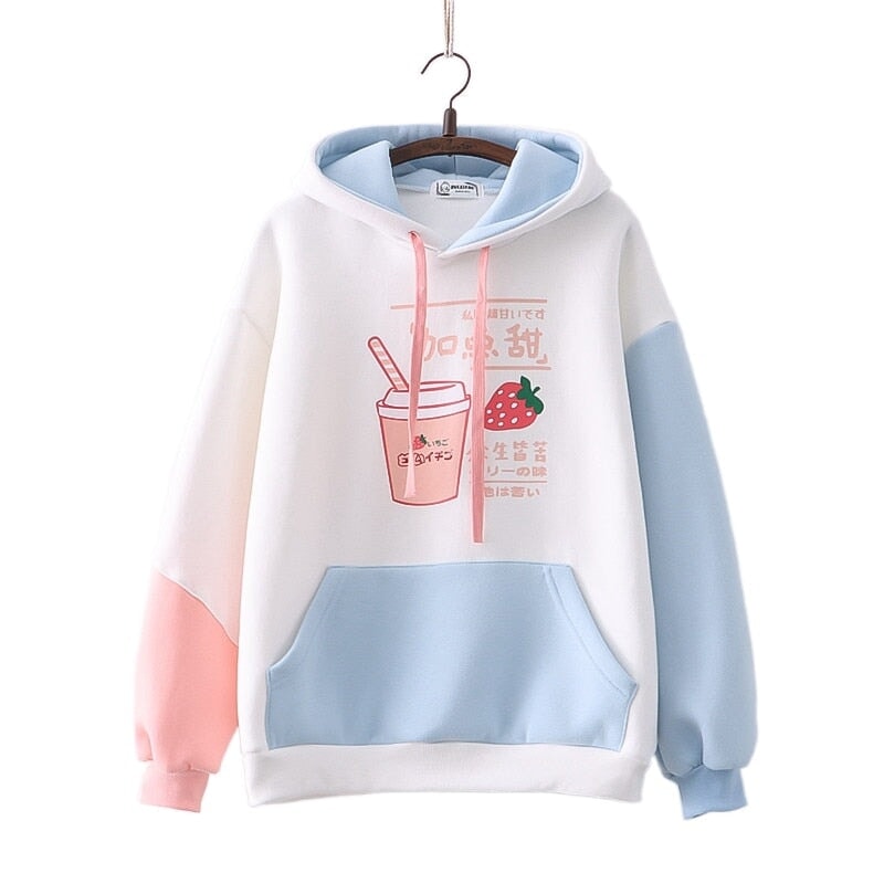 Strawberry Shake Bubble Tea White Cream Fleece Hoodies-Kawaii Dream