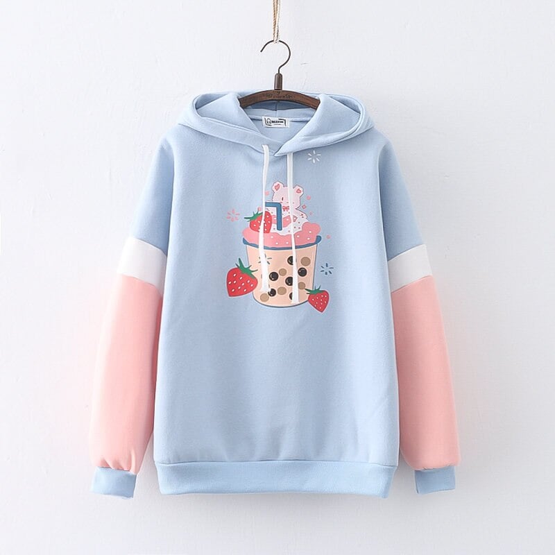 Strawberry Shake Bubble Tea White Cream Fleece Hoodies-Kawaii Dream