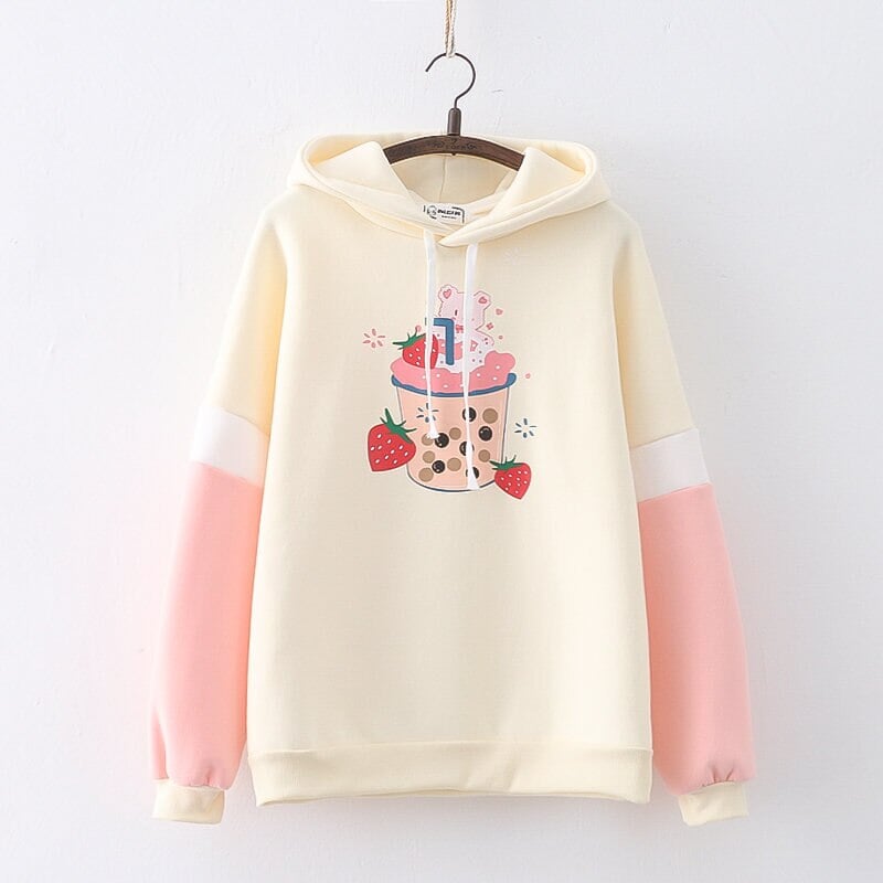 Strawberry Shake Bubble Tea White Cream Fleece Hoodies-Kawaii Dream