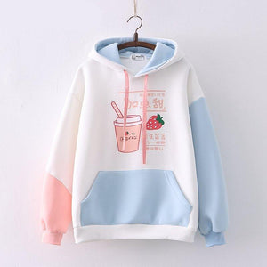 Strawberry Shake Bubble Tea White Cream Fleece Hoodies-Kawaii Dream