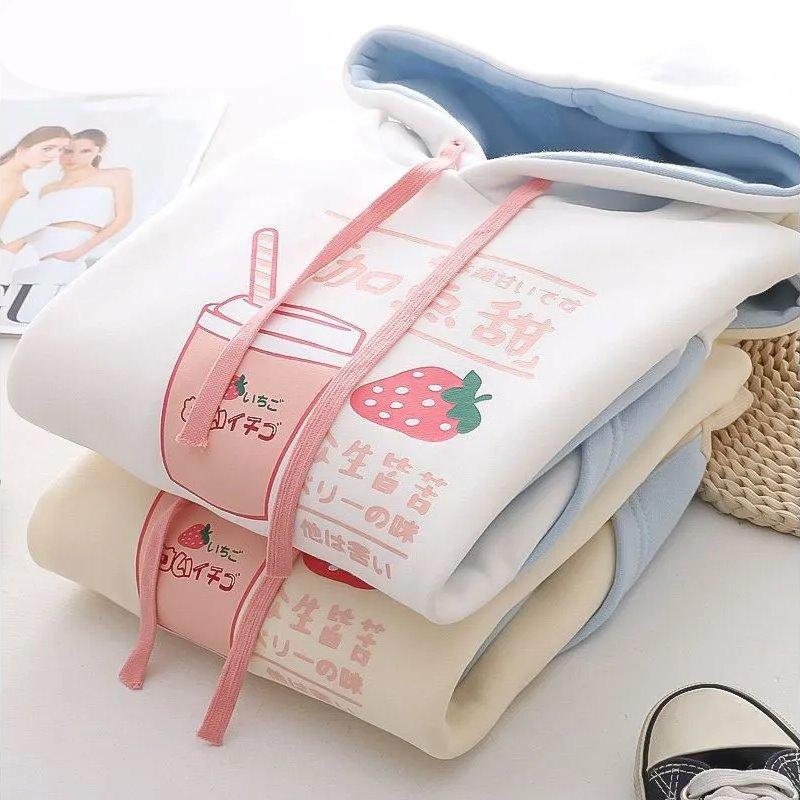 Strawberry Shake Bubble Tea White Cream Fleece Hoodies-Kawaii Dream