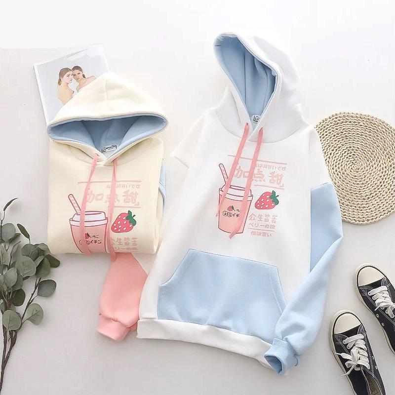 Strawberry Shake Bubble Tea White Cream Fleece Hoodies-Kawaii Dream