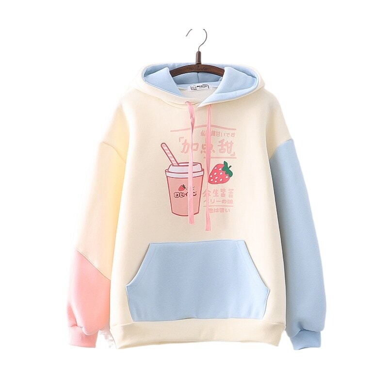 Strawberry Shake Bubble Tea White Cream Fleece Hoodies-Kawaii Dream