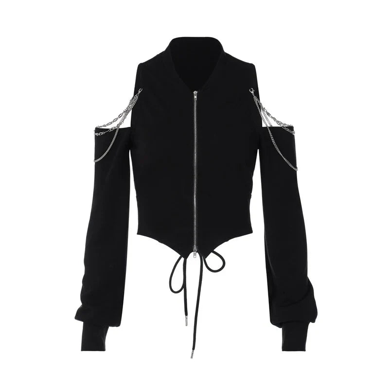 Streetwear Off Shoulder Zip-up Cardigan-Kawaii Dream