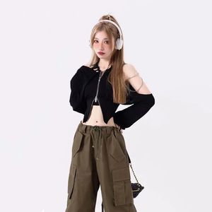 Streetwear Off Shoulder Zip-up Cardigan-Kawaii Dream