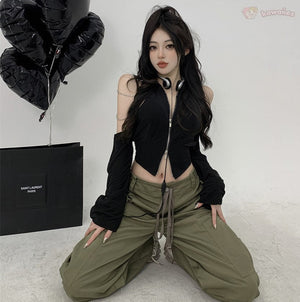 Streetwear Off Shoulder Zip-up Cardigan-Kawaii Dream