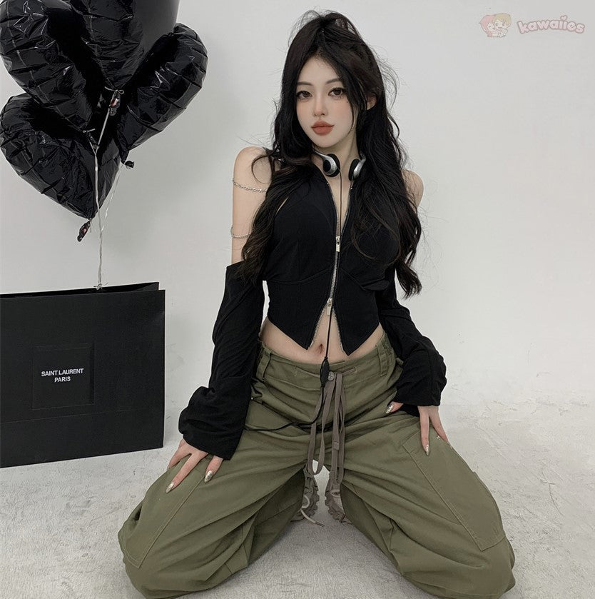 Streetwear Off Shoulder Zip-up Cardigan-Kawaii Dream