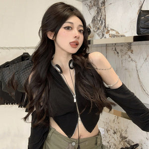 Streetwear Off Shoulder Zip-up Cardigan-Kawaii Dream