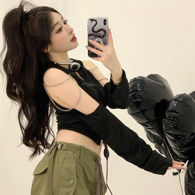 Streetwear Off Shoulder Zip-up Cardigan-Kawaii Dream