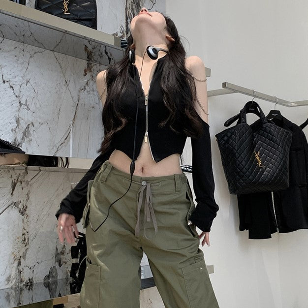 Streetwear Off Shoulder Zip-up Cardigan-Kawaii Dream