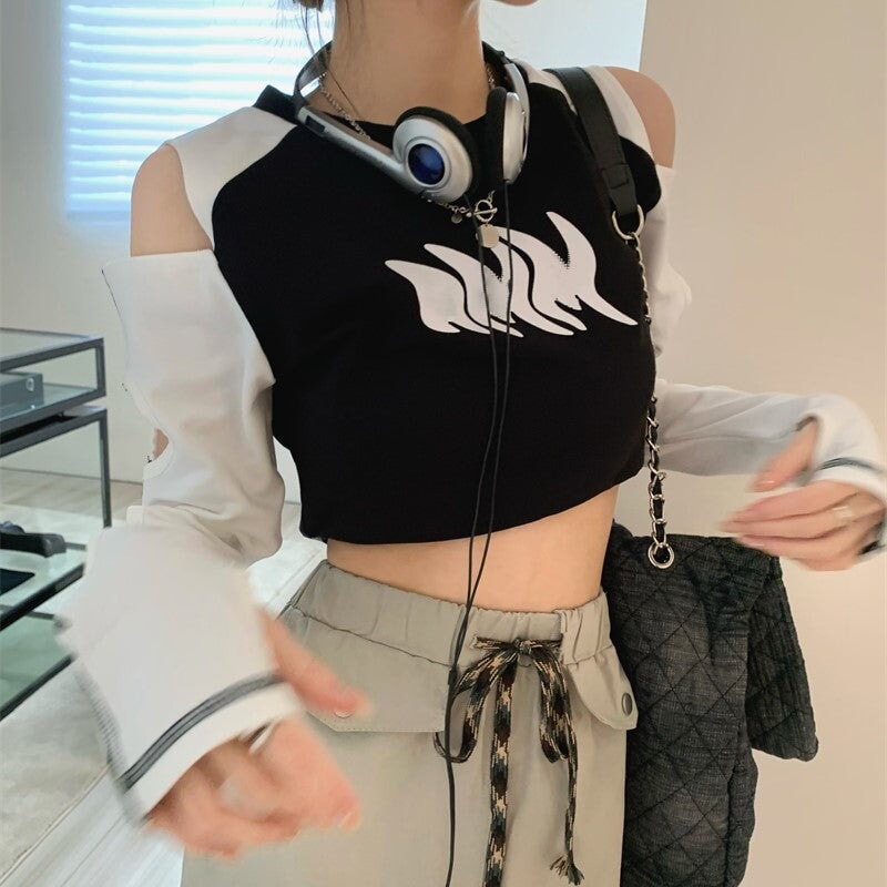 Stylish Hole Long Sleeves Flames Top-Kawaii Dream