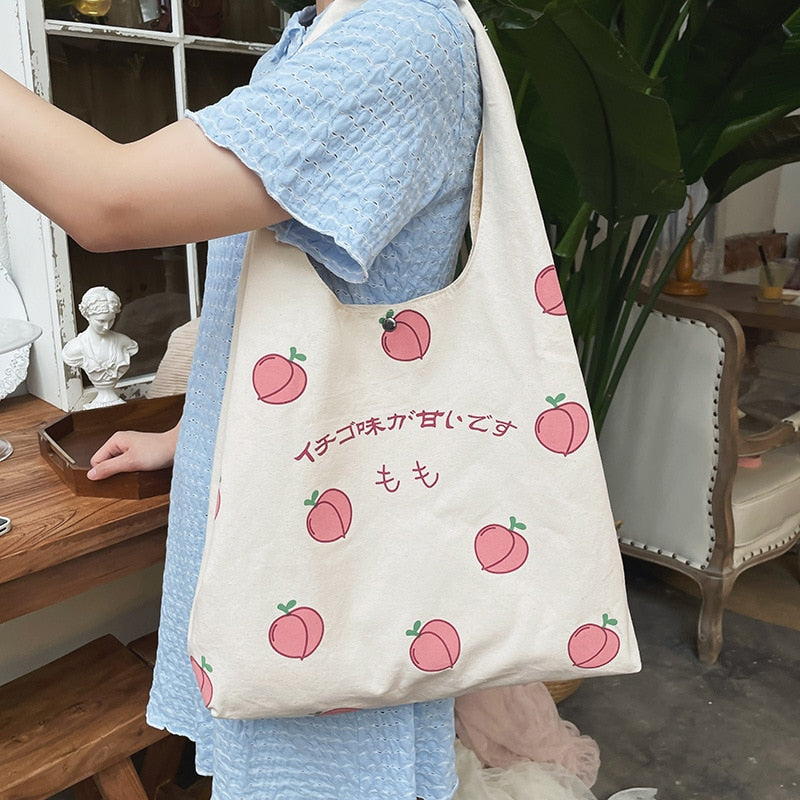 Sweet Peach Canvas Tote Bag-Kawaii Dream