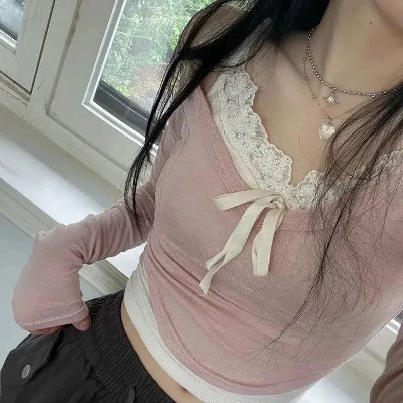 Sweet Pink Harajuku Style Slim-fit Laced Women's Top-Kawaii Dream