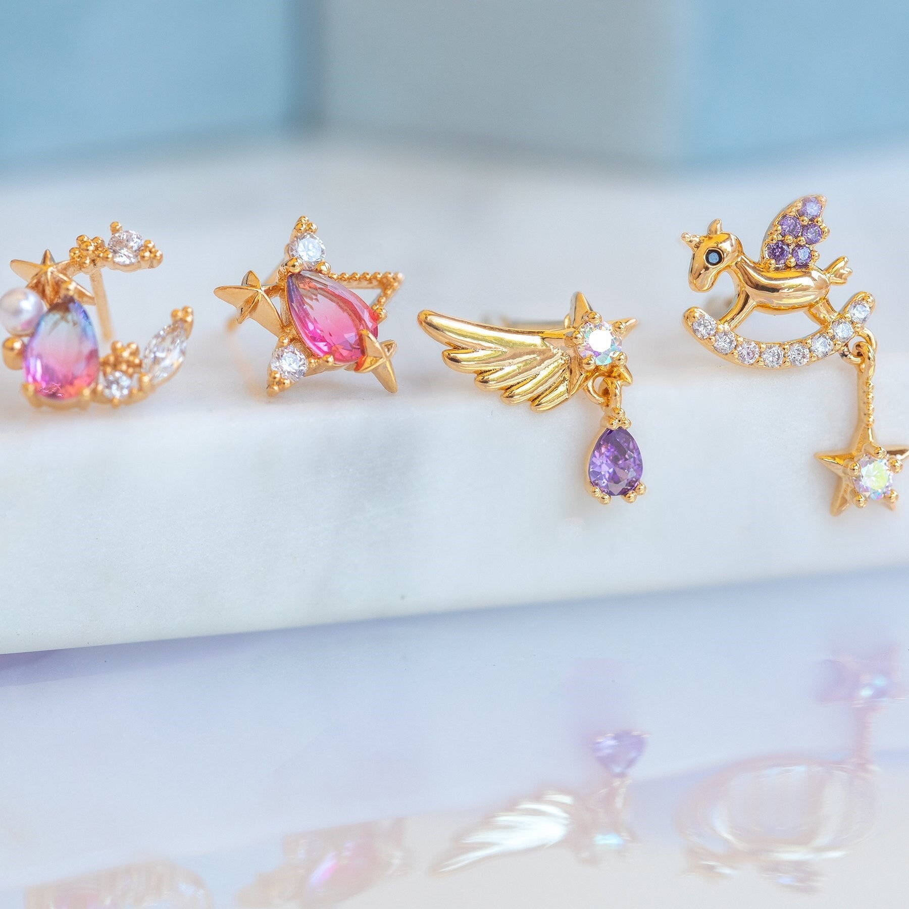 Teardrop Stars Moon Gold-Plated Stud Earrings-Kawaii Dream