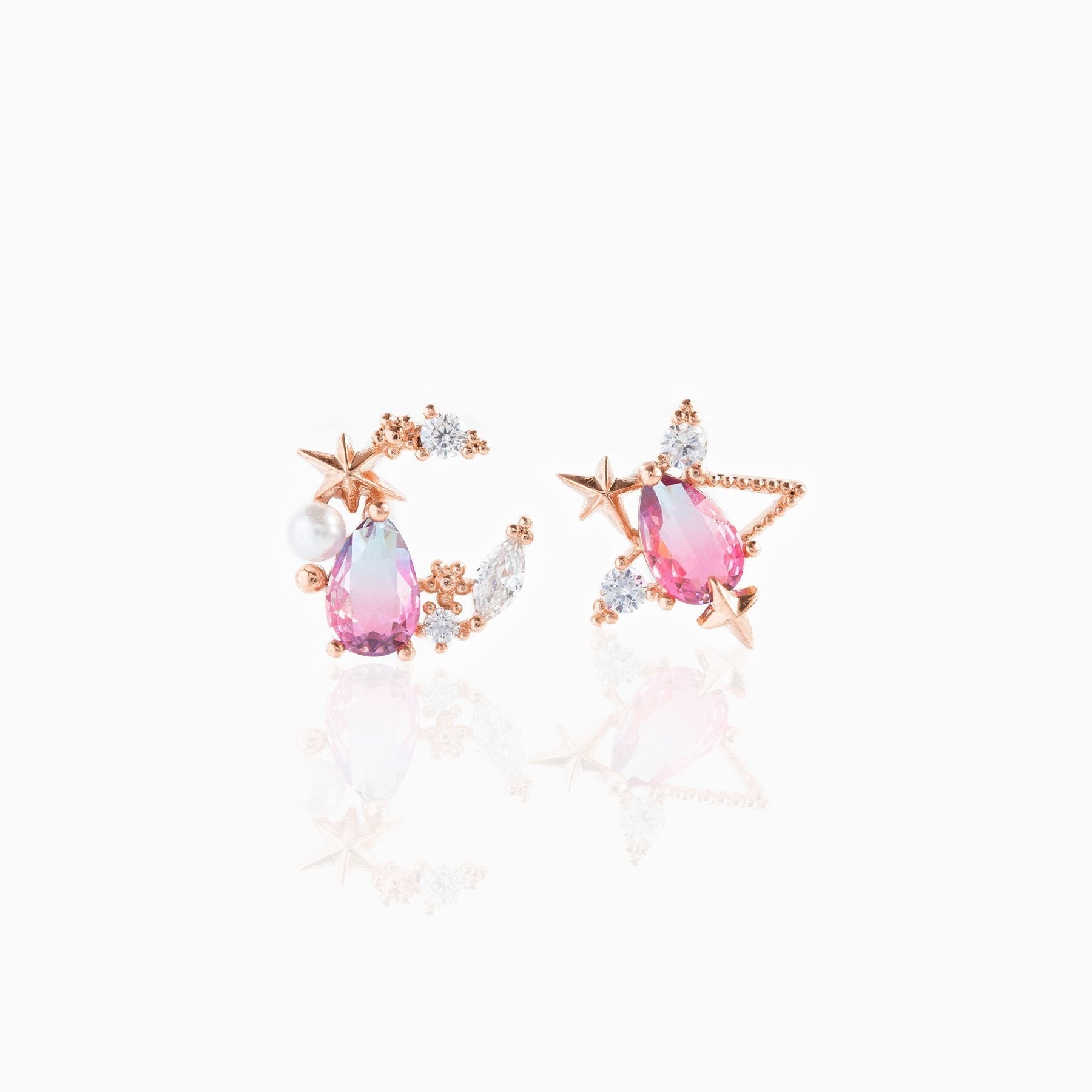 Teardrop Stars Moon Gold-Plated Stud Earrings-Kawaii Dream