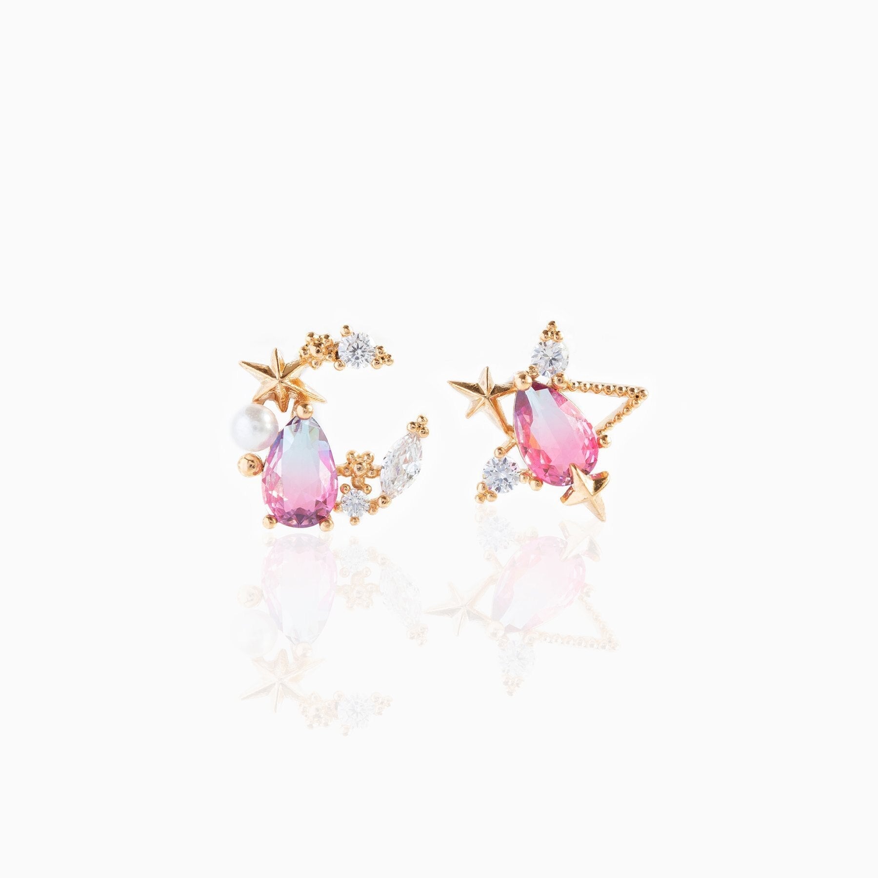 Teardrop Stars Moon Gold-Plated Stud Earrings-Kawaii Dream
