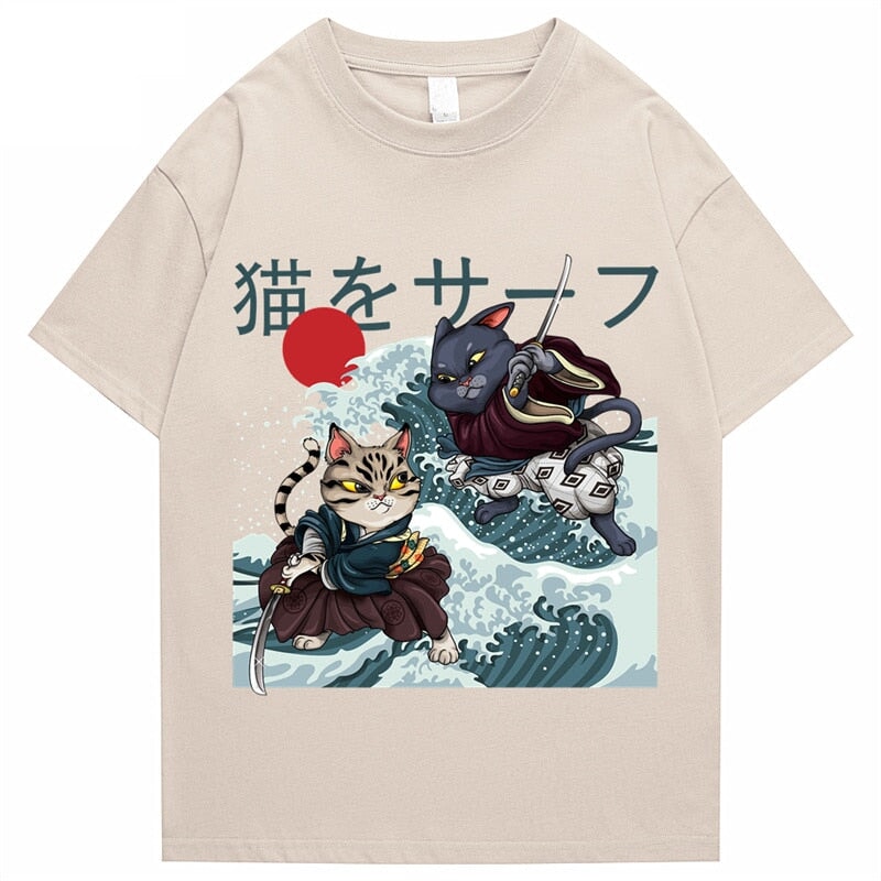 Two Samurai Cats Battling on Waves Unisex Tee-Kawaii Dream