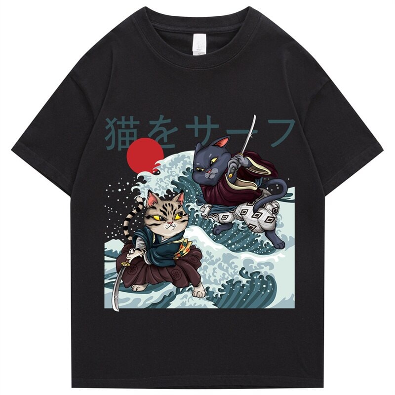 Two Samurai Cats Battling on Waves Unisex Tee-Kawaii Dream