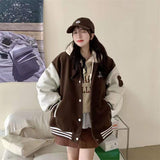 Unspecified' Six Patch Striped Burgundy Brown Women's Varsity Jacket-Kawaii Dream