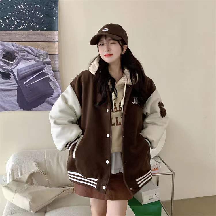 Unspecified' Six Patch Striped Burgundy Brown Women's Varsity Jacket-Kawaii Dream