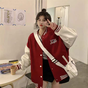 Unspecified' Six Patch Striped Burgundy Brown Women's Varsity Jacket-Kawaii Dream